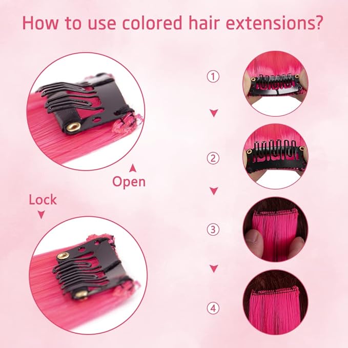 20 Inch Colored Hair Extensions Party Highlights Straight Colorful Clip In Hair Extensions Synthetic Rainbow Hairpieces for Girls Kids Gift(10Pcs Pink)