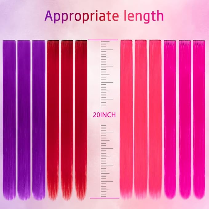 20 Pcs Colored Clip in Hair Extensions 20 Inch Long Straight Party Highlights Synthetic Hairpieces for Women Kids Girls(Red, Rose Red, Pink, Purple)