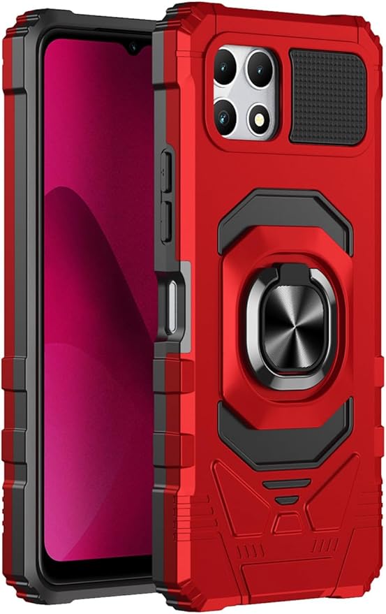 for T-Mobile Revvl 7 5G Case with Screen Protector,Revvl 7 5G Phone Case Military Grade Protection Built-in Magnetic Ring Stand Soft Rugged Silicone Corner Shockproof Cover for T-Mobile Revvl 7 Red