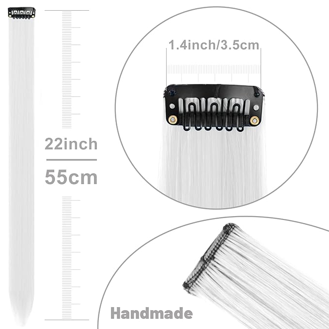 22 inch Colored Hair Extensions, Multi-colors Party Highlights Clip in Long Synthetic Hair Extensions for Girls Women Kids Party Gift(10 PCS White)
