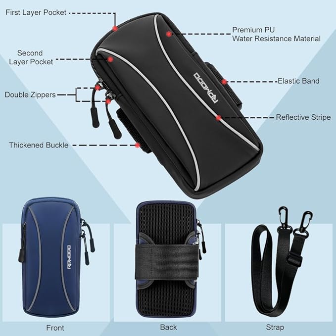 Arm Band for Phone for Running with Crossbody Strap,Running Phone Holder for iPhone 16 15 14 13 Pro Max Samsung Galaxy S24 S23,2 Pockets Lightweight Cell Phone Holder for Walking 7.2 Inch(Blue)
