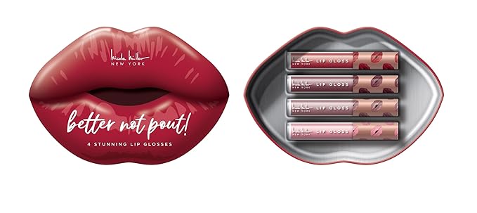 Nicole Miller Lip Gloss Collection Shimmery Glosses for Women and Girls Long Lasting Color Set with Rich Varied Colors, Better Not Pout Red, 4 Count (Pack of 1)