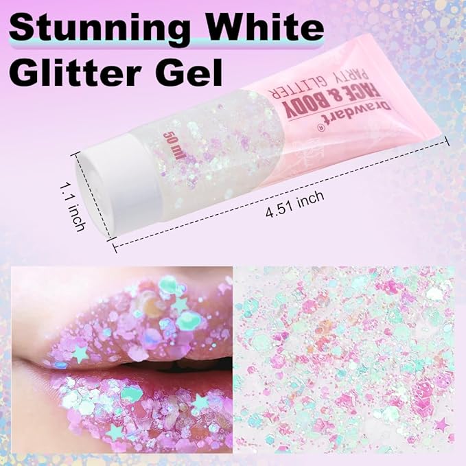 Face & Body Glitter, Cosmetic-Grade Glitter Gel- Singer Concerts Disco Festival Rave Accessories, Chunky Hair Sparkling Glitter Gel for Women, Vegan & Cruelty Free- 50ml (White)