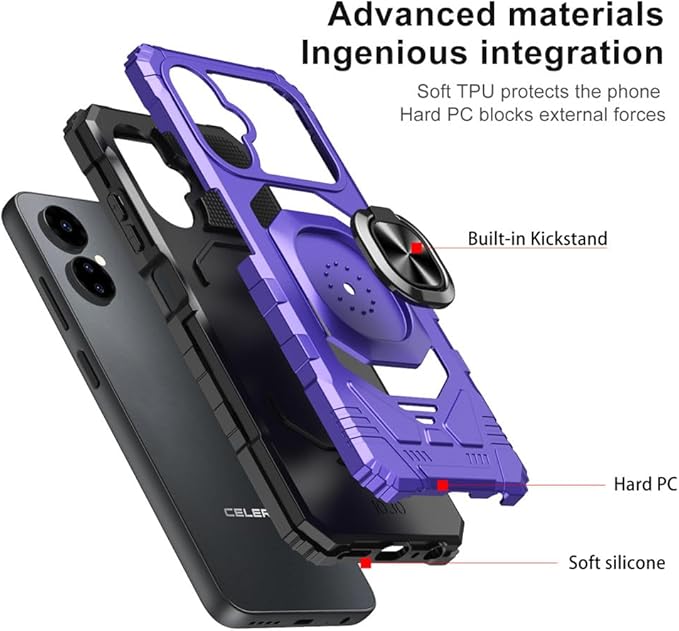 for Boost Mobile Celero 5G 2024 Case with 1 Pack Screen Protector,Dual Layer Hybrid Heavy Duty Defender Protection,Sleek Rugged Reinforced Cushion Corner Kickstand Shockproof Bumper Cover Purple