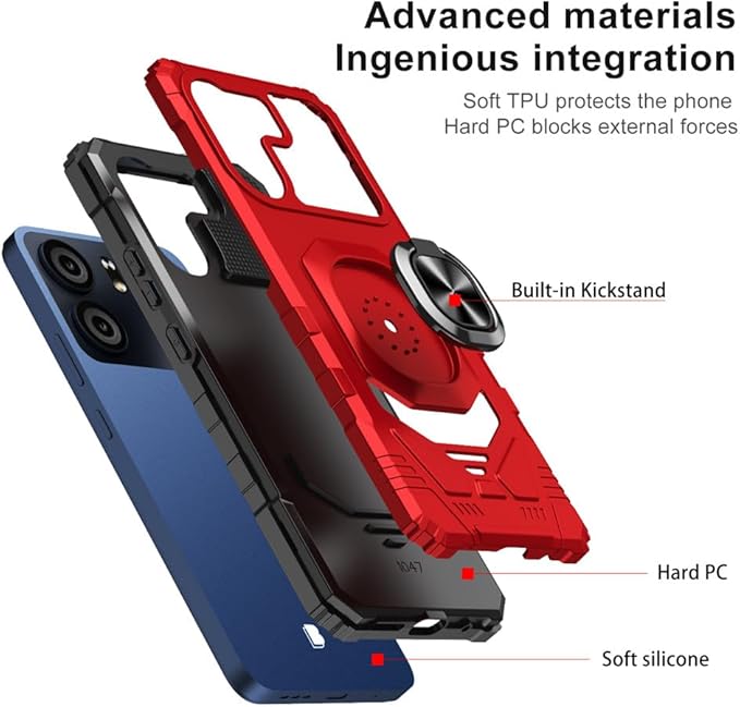 for BLU View 5 B160V / BLU F5 5G Case with 1 Pack Screen Protector,Dual Layer Hybrid Heavy Duty Defender Protection,Sleek Rugged Reinforced Cushion Corner Kickstand Shockproof Bumper Cover Red