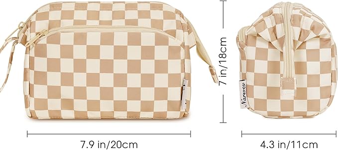 Narwey Large Checkered Makeup Bag Women Wide-open Make up Bag Travel Cosmetic Bag Organizer Toiletry Bag for Cosmetics Toiletries Accessories (Light Checkerboard)