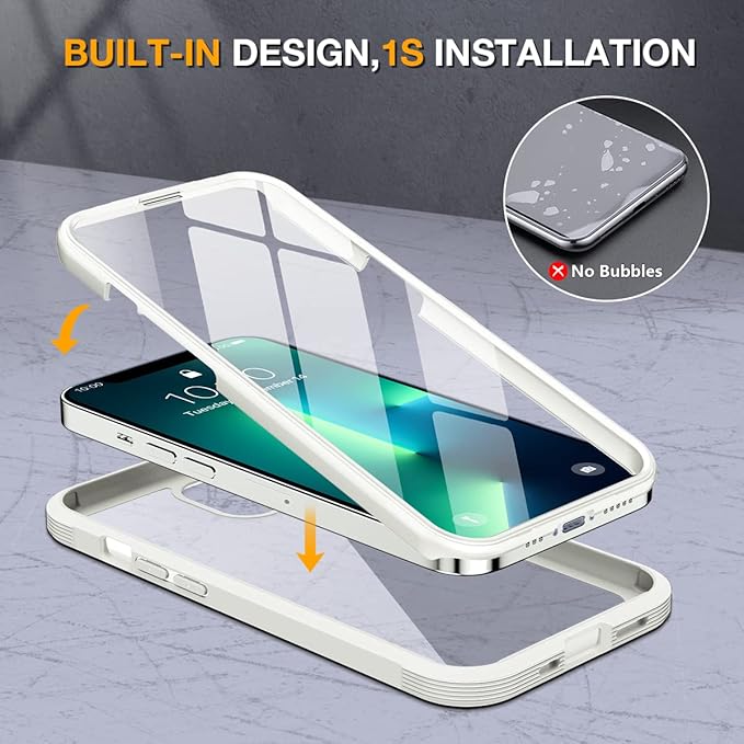 Miracase Glass Case for iPhone 13 Pro Max 6.7 inch, Upgrade Full-Body Clear Bumper Case with Built-in 9H Tempered Glass Screen Protector for iPhone 13 Pro Max, Rice White