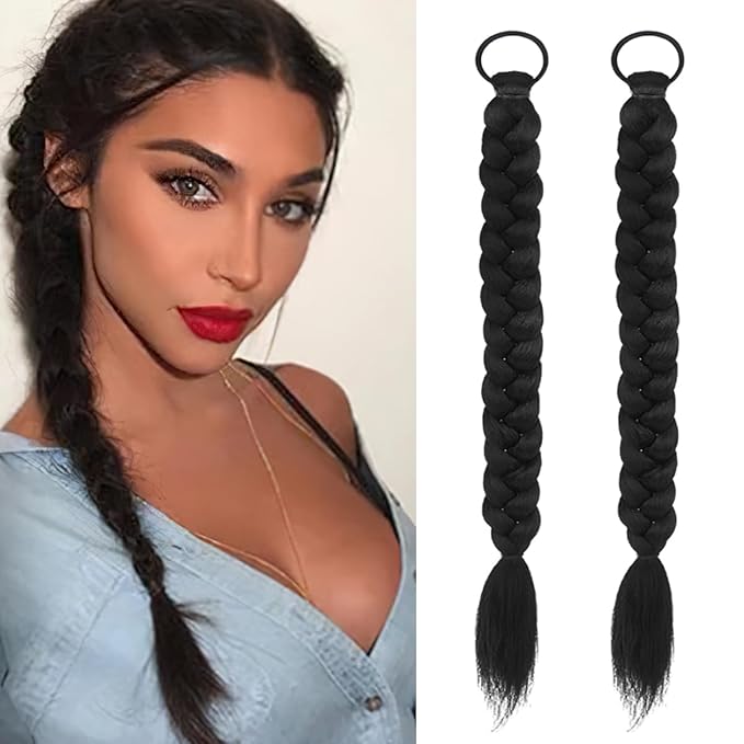 2Pcs Braided Ponytail Extensions with Hair Ties Soft Synthetic Hair Pieces Straight Wrap Around Hair Extensions Pony Tail Hairpieces Accessories for Women Daily Wear 16 Inch (Natural Black)