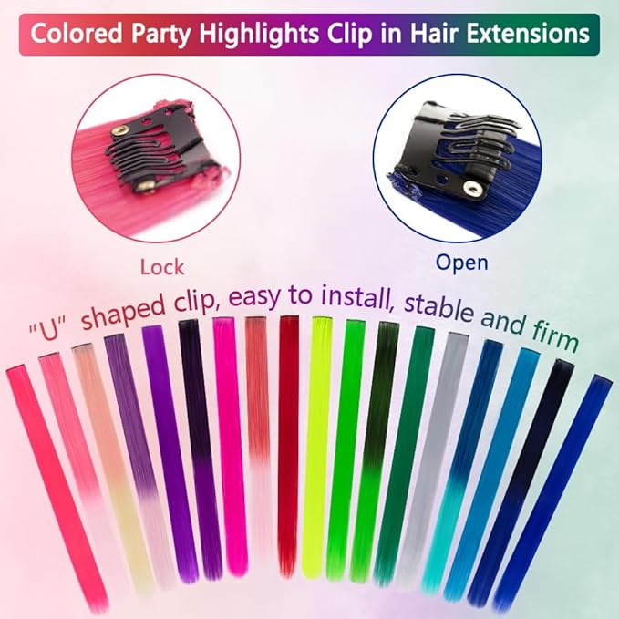 36 Pcs Colored Clip in Hair Extensions 20 Inch Long Straight Party Highlights Colorful Hair Extensions Synthetic Hairpieces for Women Kids Girls(18 colored)