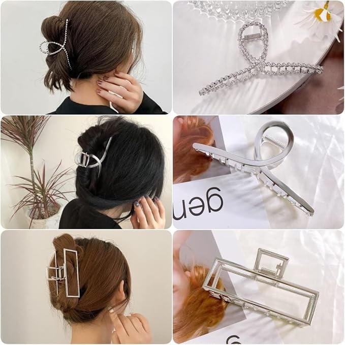 3pcs Hair Claw clips for Women, Metal Silver Large Hair clips for Thick Thin Hair, Geometric Cross Square Jumbo Catch Barrette Clamps, Fashion Hair Accessories Nonslip Hairgrip