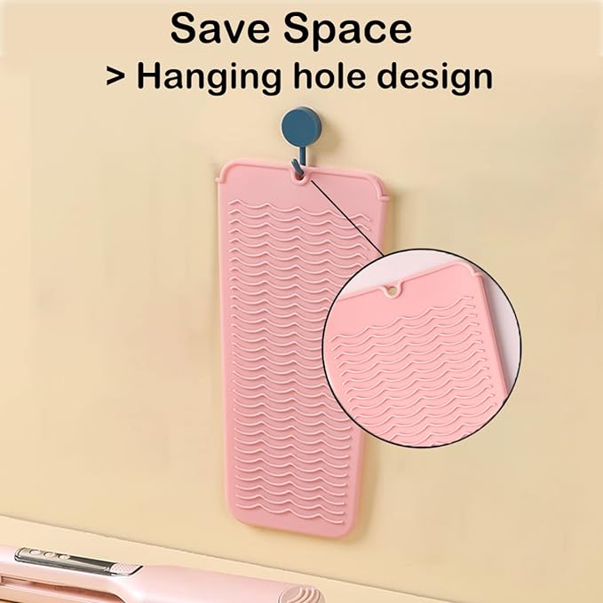 2 Heat Resistant Silicone Mat with Hanging Hole, Straightener Heat Resistant Travel Mat & Pouch for Curling Iron, Flat Iron and Other Hot Hair Styling Tools, 11 x 5 in, Pink+Gray
