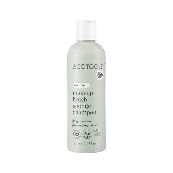 EcoTools Makeup Brush + Sponge Shampoo, Remove Makeup & Impurities From Tools, Sponges, & Puffs, Fragrance-Free Brush Cleanser, No Harsh Chemicals, Vegan, & Cruelty-Free, 8 fl. oz./236 ml. Bottle