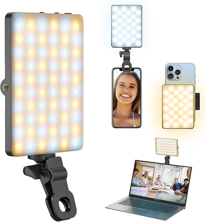 Selfie Light for Phone, 60 LED Phone Light with Rechargeable Clip and Adjusted 3 Light Modes, 2000mAh Video Light for iPhone iPad, Laptop, Makeup, TikTok, Selfie, Vlog, Video Conference