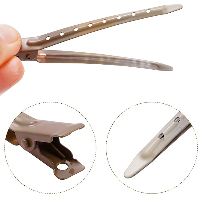 24 Packs Duck Bill Clips, Bantoye 3.35 Inches Rustproof Metal Alligator Curl Clips with Holes for Hair Styling, Hair Coloring, GS Brown