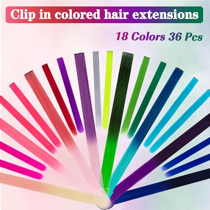 36 Pcs Colored Clip in Hair Extensions 20 Inch Long Straight Party Highlights Colorful Hair Extensions Synthetic Hairpieces for Women Kids Girls(18 colored)