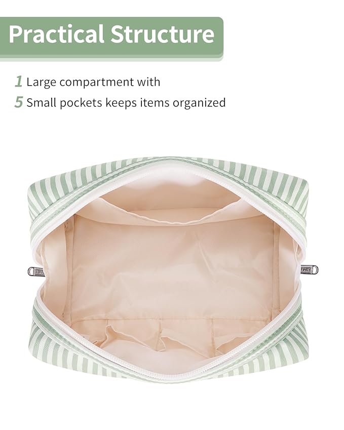 Narwey Striped Makeup Bag Travel Cosmetic Bag Organizer Toiletry Bag Make Up Bags with Compartments for Women Girls (Large, Mint Green Stripe)