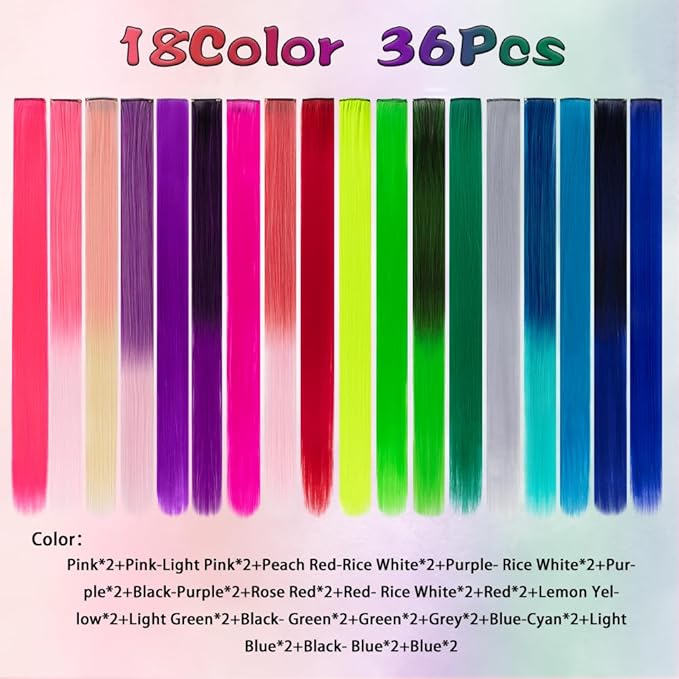 36 Pcs Colored Clip in Hair Extensions 20 Inch Long Straight Party Highlights Colorful Hair Extensions Synthetic Hairpieces for Women Kids Girls(18 colored)