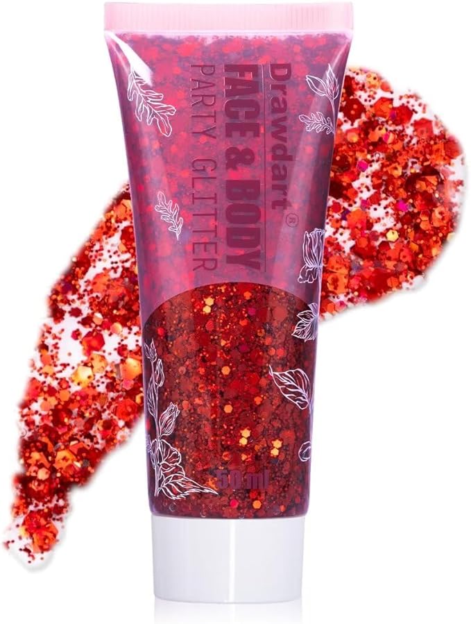 Face & Body Glitter - Cosmetic - Grade Red Holographic Glitter Gel,Face Body Hair Chunky Festival Rave Accessories Makeup 50ml,Glitter Sequin for Women Kids