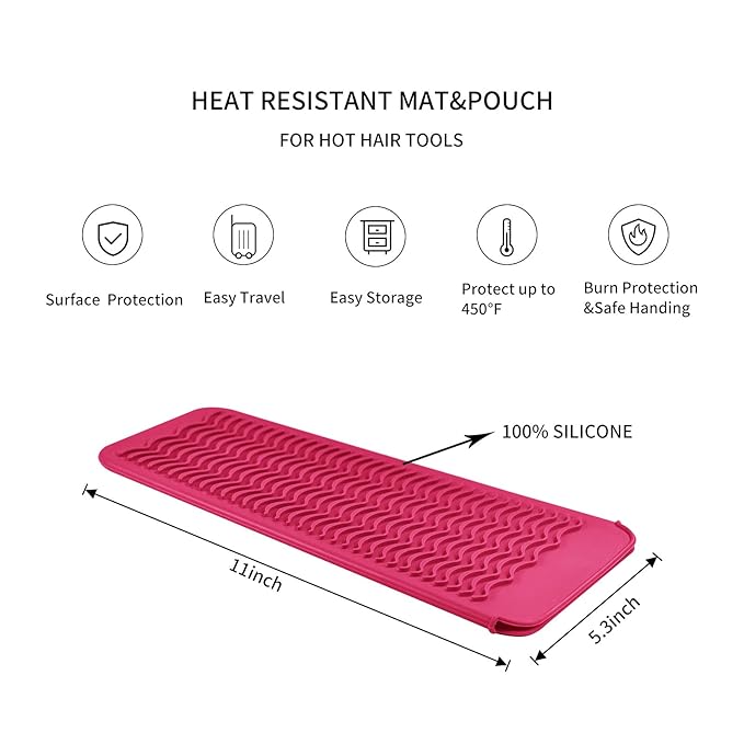 Heat Resistant Silicone Travel Mat Pouch for Hair Styling Tools, 2 Pack, 11 x 5 inches, Slip Resistant, Foldable, Easy-to-Clean, Multipurpose, Grey & Hot Pink