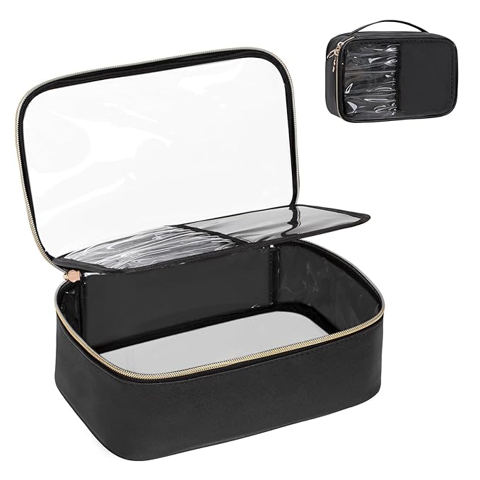 OCHEAL Clear Makeup Bag, Portable Cosmetic Bag Storage, Travel Makeup Bag Cute Clear Pouch For Women and Girls Cosmetics Bags with Divider Makeup Brush Compartment-Black PU Large