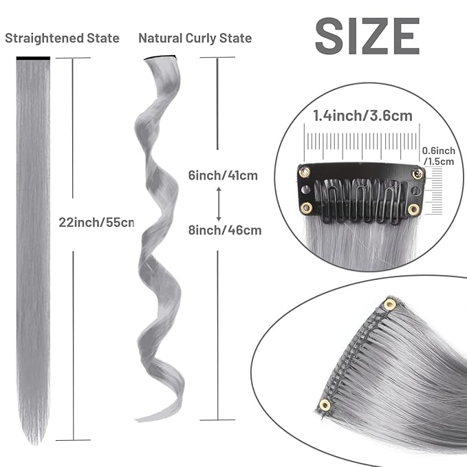 16 Pcs Colored Hair Extensions Curly Wavy Clip in Synthetic Hair Extensions,Colorful Party Highlights Hairpiece Streak for Girls Women Kids(Grey)