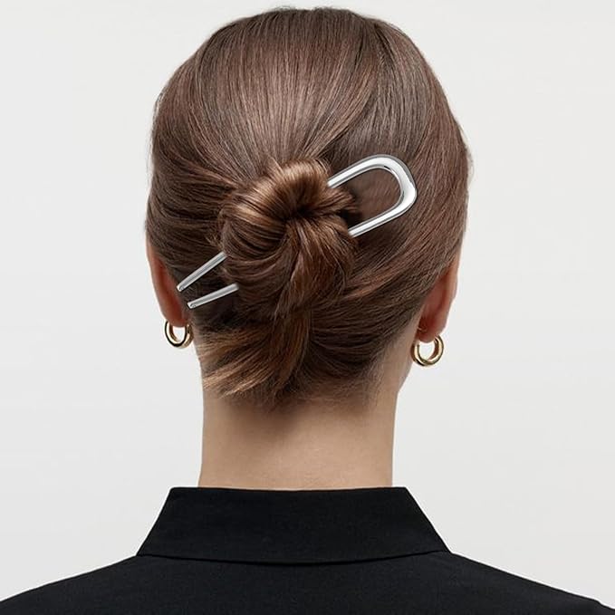 2Pcs French Hair Pins for Thick Hair, Metal French Twis Hair Pins for Women Girls, U-Shaped French Pin for Buns, 5.5 Inches Large French Pins Hairstyle Accessories (Silver, Rose Gold)
