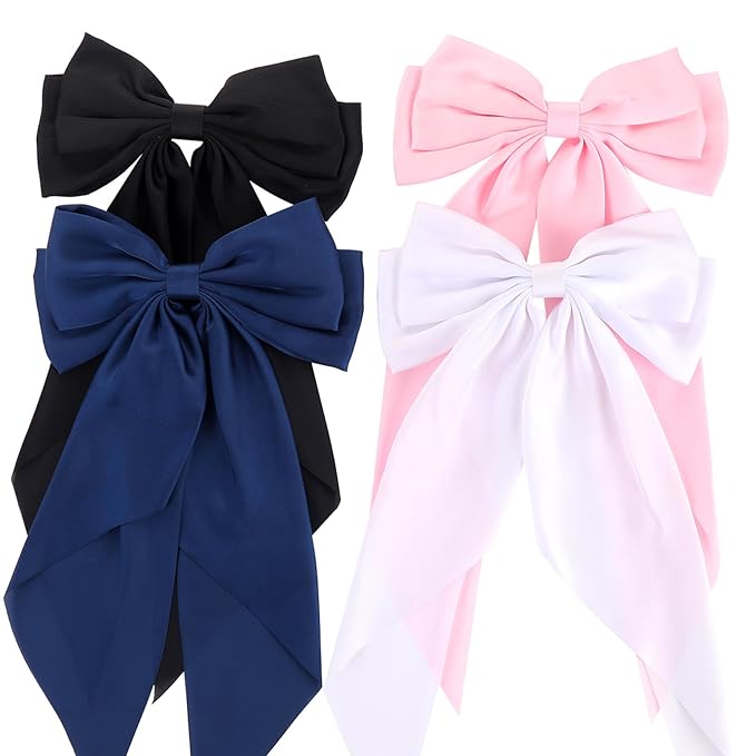 Silky Satin Oversized Hair Bows for Women Girls 4 PCS Hair Ribbon Bow Hair Clips with Long Tails (Black, White, Pink, Navy )