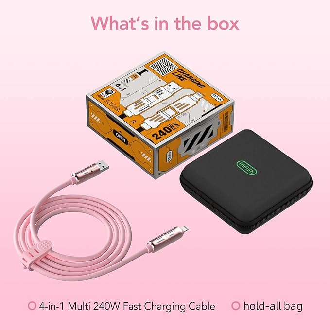 4-in-1 Universal Multi USB Charging Cable – 240W Max Fast Charger Cord with Multiple Connectors for iPhone 16/15/14/13, iPad, Samsung, MacBook, Tablets & More (Pink, 6.6Ft)