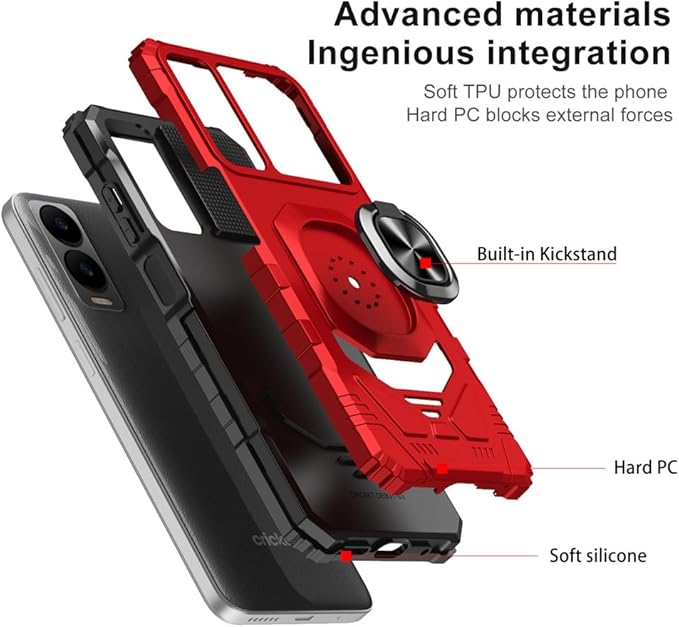 for Cricket Icon 6 / ATT Verge Case with 1 Pack Screen Protector,Dual Layer Hybrid Heavy Duty Defender Protection,Sleek Rugged Reinforced Cushion Corner Kickstand Shockproof Bumper Cover Red