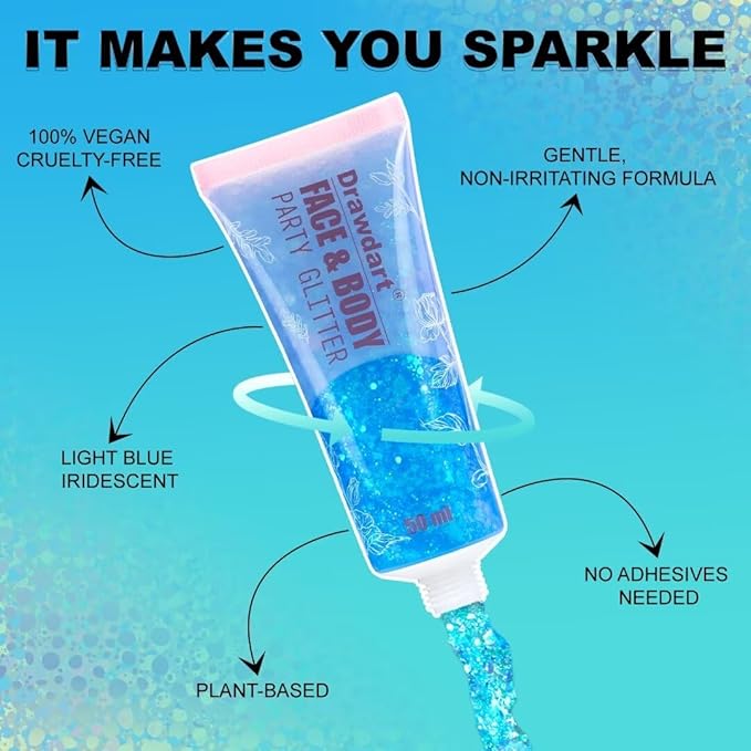 Light Blue Face & Body Glitter,Chunky Glitter for Face Body Eye Lip Hair,Singer Concerts Iridescent Face Paint Glitter Makeup 50ml,Easy Application & Removal