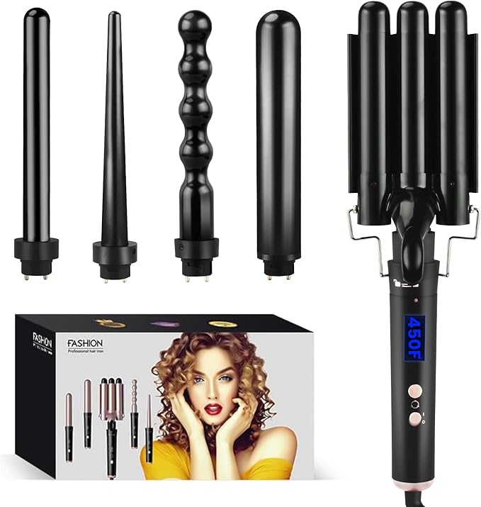 Bo'laiya 5 in 1 Curling Wand Set with Temperature Display, Curling Iron Set with 5 Interchangeable Ceramic Curling Wands, Instant Heat Up, Suitable for All Hair Types (Black)