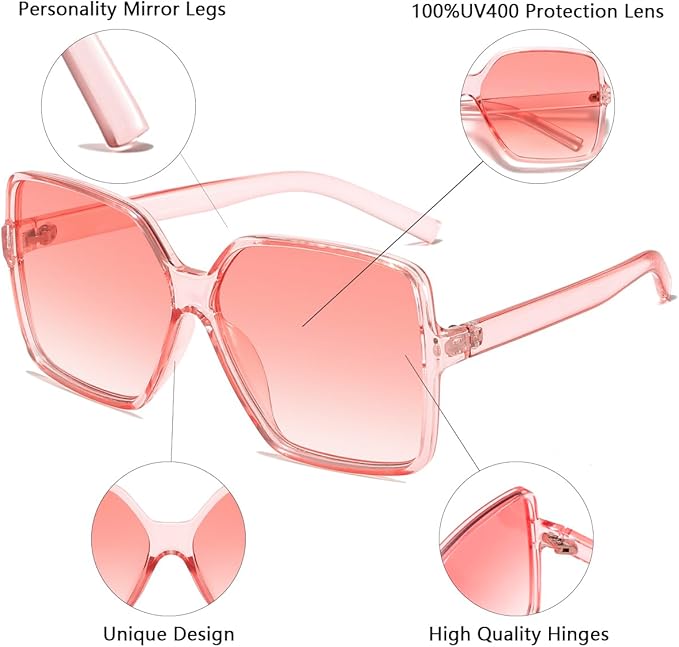 Women's Chic Square Oversized Sunglasses Big Large Wide Fashion Shades for Women Men 100% UV Protection