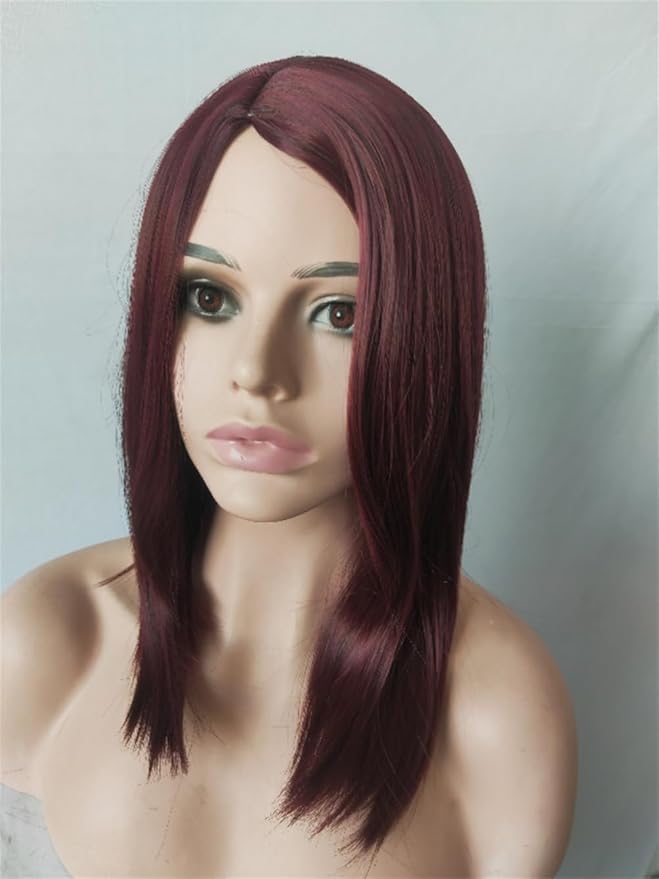 OYSRONG Elegant Women Medium Length Wine Red Straight Bob Heat Resistant Daily Hair Wig