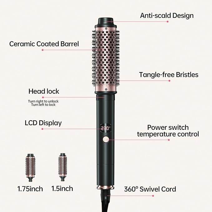 2in1 Negative Ion Thermal Brush -Heated Round Brush for Blow Out Look, Curling Iron 1 1/2 Inch& Curling Iron 1 3/4 Inch, 5 Temperature Settings,Dual Voltage