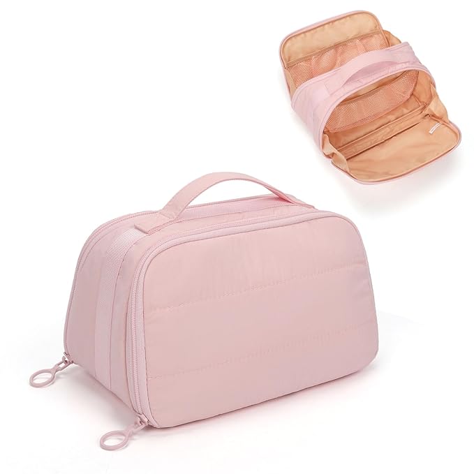 OCHEAL Travel Makeup Bag - Wide Open Cosmetic Bag for Women Make up with Two Compartments, Portable Lightweight Roomy Organizer Toiletry Bag for Girls Skincare tools Accessories-Pink