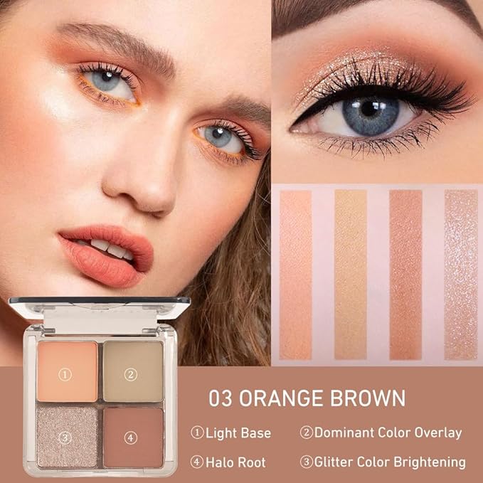Eyeshadow Quads Blendable Glitter Matte Eyeshadow Palette, Orange Khaki Nude Champagne Gold Sparkly Four Eyeshadow Palette Makeup,Everyday Nature Long-Lasting Waterproof Women Girls Eye Shadow 3#