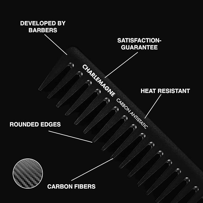 Charlemagne Carbon Hair Comb for Men - 19 cm, Coarse Teeth - Antistatic, Shatterproof Carbon Wide Tooth Comb for Curls & Texture Detangling - Developed by Barbers, Designed in Germany