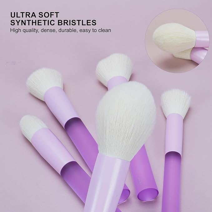 5-Piece Light Purple Face Makeup Brush Set – Soft, Cruelty-Free Synthetic Bristles with Translucent Rubber Handles, Makeup Brushes for Powder, Blush & Contour – Essential Brush Collection
