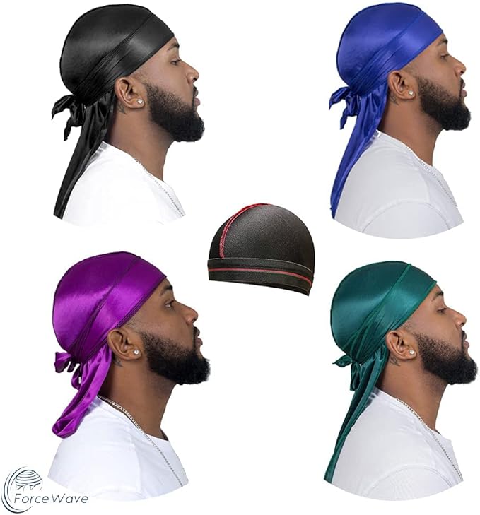 4PCS Silky Durags for Men Women 360 Waves with 1 Wave Cap, Silky Satin Durag Extra Long Tails