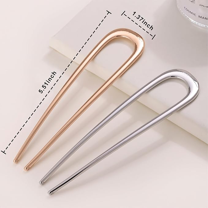 2Pcs French Hair Pins for Thick Hair, Metal French Twis Hair Pins for Women Girls, U-Shaped French Pin for Buns, 5.5 Inches Large French Pins Hairstyle Accessories (Silver, Rose Gold)