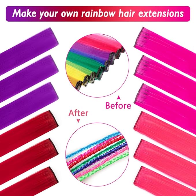 20 Pcs Colored Clip in Hair Extensions 20 Inch Long Straight Party Highlights Synthetic Hairpieces for Women Kids Girls(Red, Rose Red, Pink, Purple)