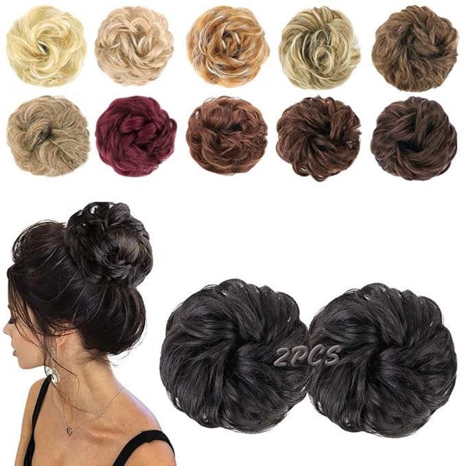 MORICA 2PCS Messy Bun Hair Piece, Fake Messy Bun Scrunchies for Thin Hair Extension, Curly Wavy Synthetic Chignon Ponytail for Women (Natural Black#)