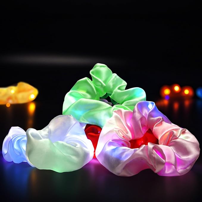 8 Pcs LED Scrunchies, Light Up Satin Hair Accessories for Women Girls, Glow in The Dark Party Supplies for Neon Party