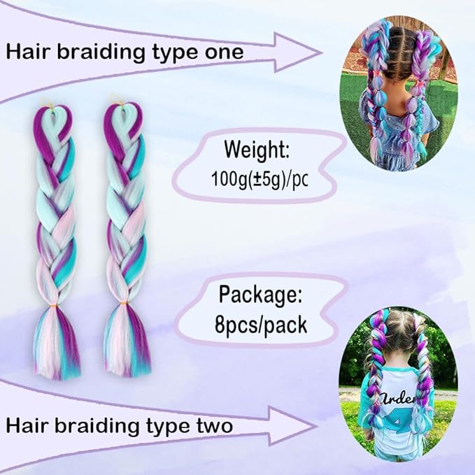 Ombre 4 Colors Mix Braiding Hair 8pcs Extensions Jumbo Hair Rainbow Color Colorful Twist Braid wigs Dreadlocks (Pink/Purple/Green/Blue/Light Cyan) (Lot 24Inch)
