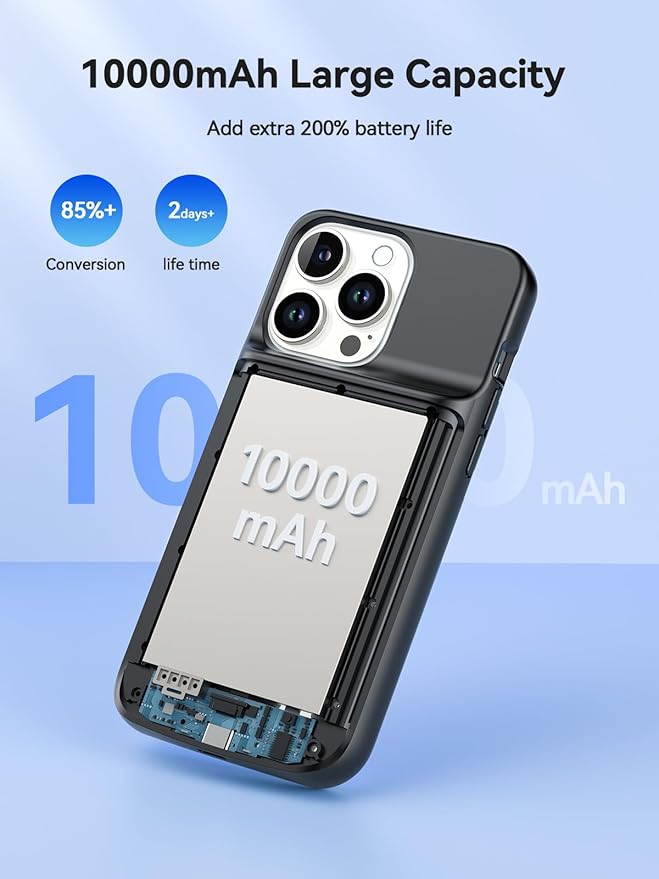 NEWDERY 10000mAh Battery Case for iPhone 15 Pro Max/Plus, USB C Qi Wireless Charging,Portable Protective Charger Case Battery Pack