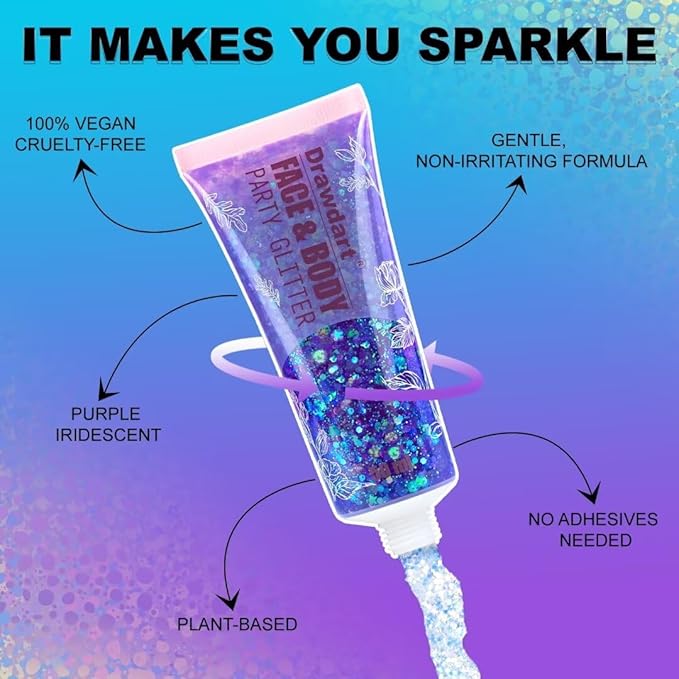Purple Iridescent Face Body Glitter Gel,Sparkling Chunky Sequins Mermaid Face Body Hair Lip Nails Glitter Gel,Festival Glitter Rave Party Accessories 50ml