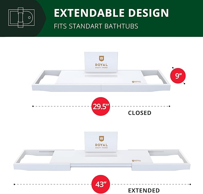 ROYAL CRAFT WOOD Premium Bathtub Tray - Expandable Bath Tray for Tub - Luxury Bathtub & Bathroom Accessories