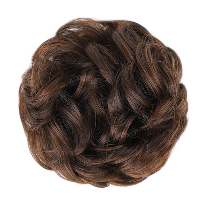 MORICA 2PCS Messy Bun Hair Piece, Fake Hair Extension Curly Wavy Synthetic Chignon Scrunchies Ponytail Hair Pieces for Thin Hair, Women (Dark Brown & Light Auburn Mixed)