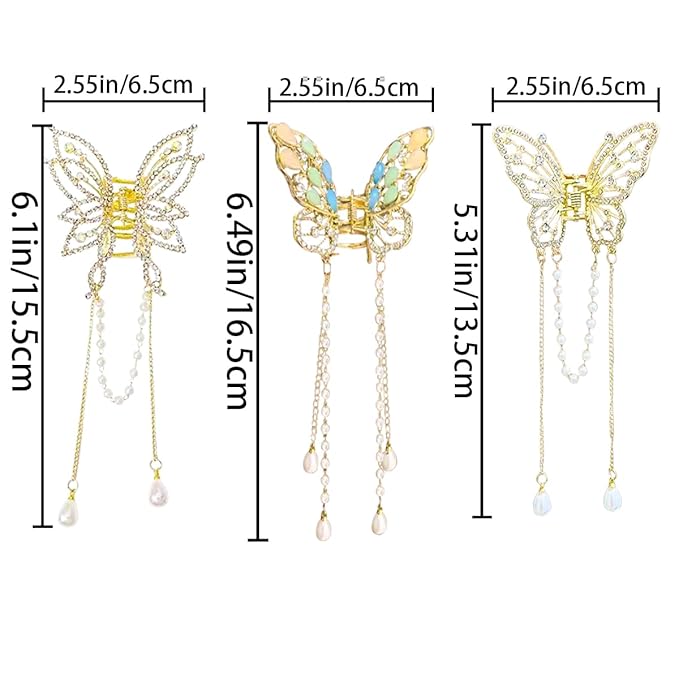 3 Pieces Butterfly Hair Claw Clip With Tassel and Rhinestone - Metal Non-Slip Hair Clamps - Exquisite Styling Accessories for Women and Girls