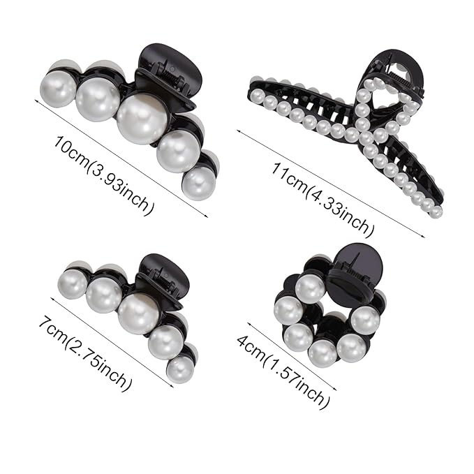 Mehayi 4 PCS Large Black Pearl Hair Claw Clips for Women Girls, Hair Barrette Clamps for Thick Thin Hair, Fashion Hair Accessories Headwear Styling Tools for Party Wedding